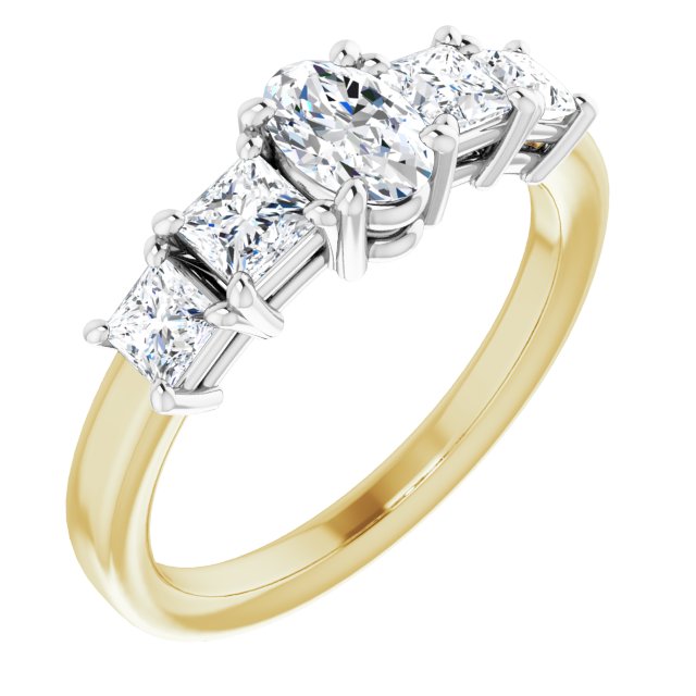 14K Yellow & White Gold Customizable 5-stone Oval Cut Style with Quad Princess-Cut Accents
