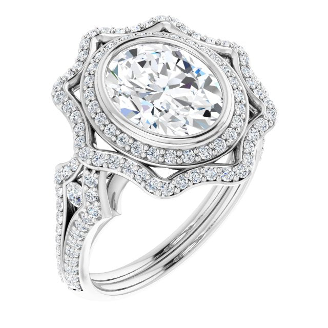10K White Gold Customizable Oval Cut Style with Ultra-wide Pavé Split-Band and Nature-Inspired Double Halo