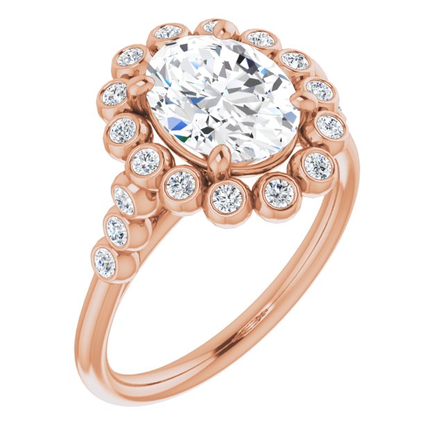 10K Rose Gold Customizable Oval Cut Cathedral-Style Clustered Halo Design with Round Bezel Accents