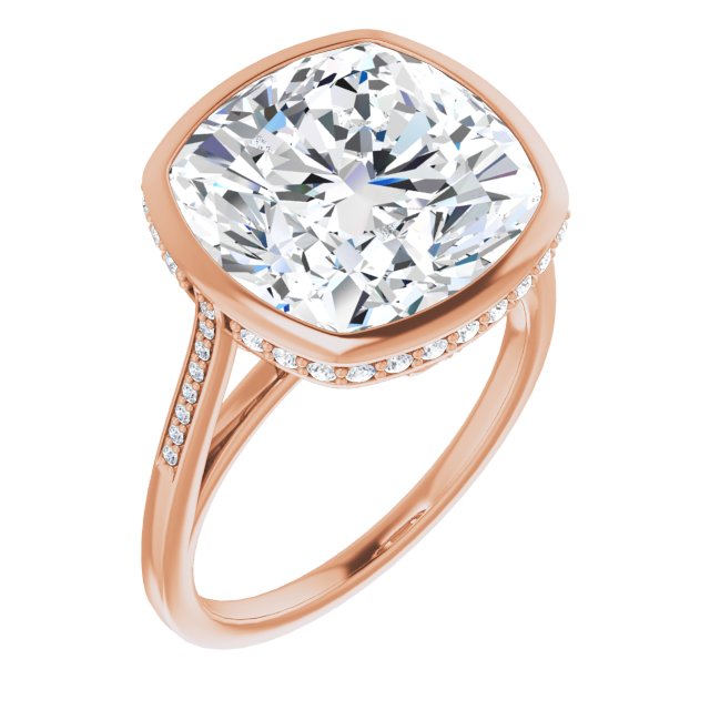 10K Rose Gold Customizable Cathedral-Bezel Cushion Cut Style with Under-halo and Shared Prong Band