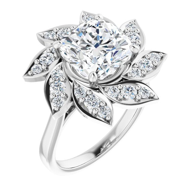 10K White Gold Customizable Cushion Cut Design with Artisan Floral Halo