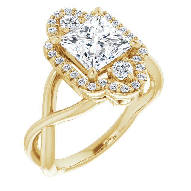 10K Yellow Gold Customizable Vertical 3-stone Princess/Square Cut Design Enhanced with Multi-Halo Accents and Twisted Band