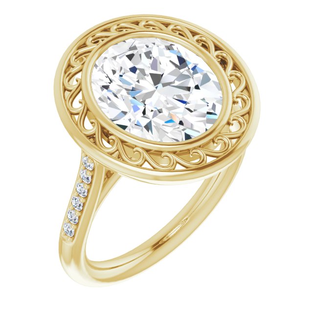 10K Yellow Gold Customizable Cathedral-Bezel Oval Cut Design with Floral Filigree and Thin Shared Prong Band