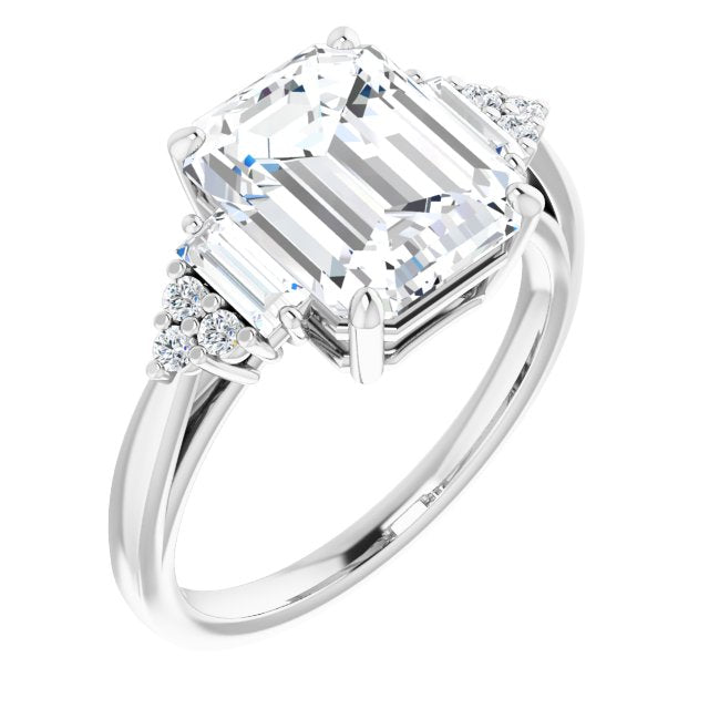 10K White Gold Customizable 9-stone Design with Emerald/Radiant Cut Center, Side Baguettes and Tri-Cluster Round Accents