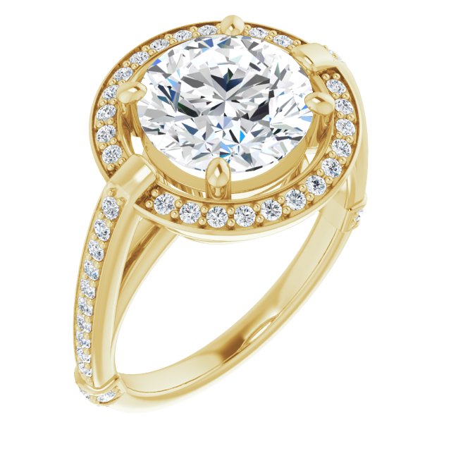 18K Yellow Gold Customizable High-Cathedral Round Cut Design with Halo and Shared Prong Band