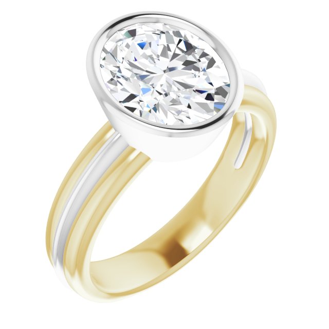 14K Yellow & White Gold Customizable Bezel-set Oval Cut Solitaire with Grooved Band