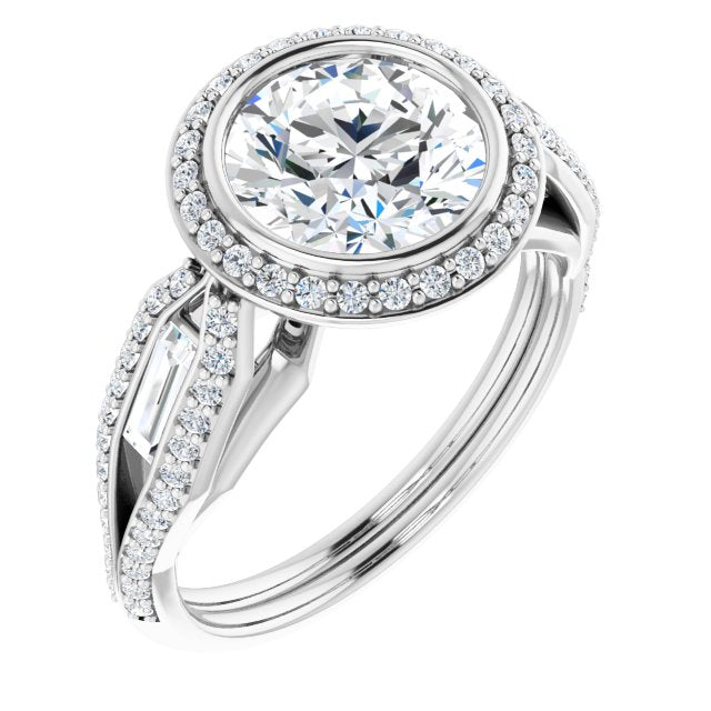Cubic Zirconia Engagement Ring- The Alekhya (Customizable Cathedral-Bezel Round Cut Design with Halo, Split-Pavé Band & Channel Baguettes)