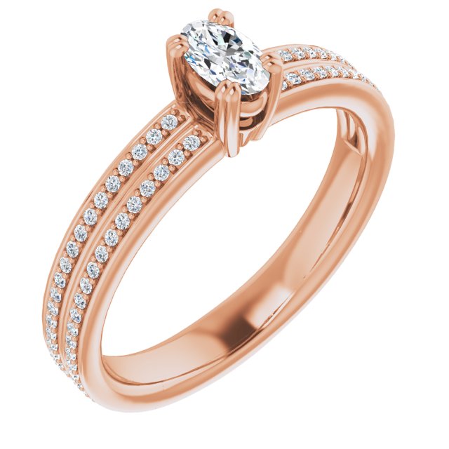 10K Rose Gold Customizable Oval Cut Center with 100-stone* "Waterfall" Pavé Split Band