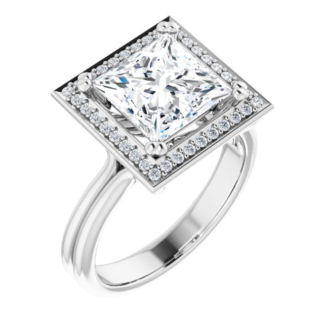 10K White Gold Customizable Princess/Square Cut Style with Scooped Halo and Grooved Band