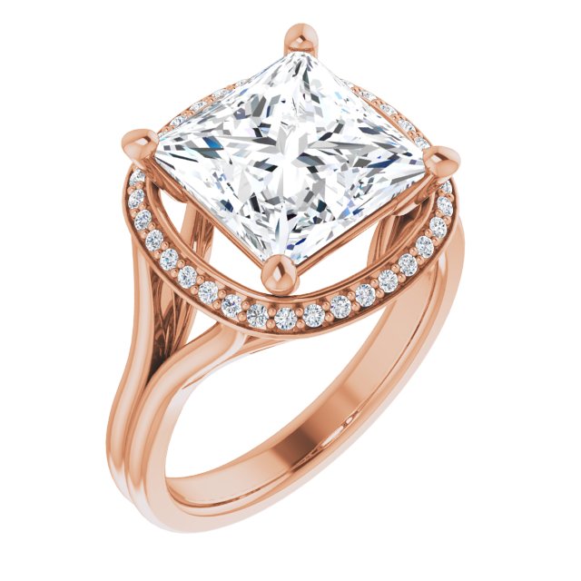 10K Rose Gold Customizable Cathedral-set Princess/Square Cut Design with Split-band & Halo Accents