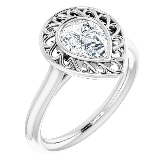 10K White Gold Customizable Cathedral-Bezel Style Pear Cut Solitaire with Flowery Filigree