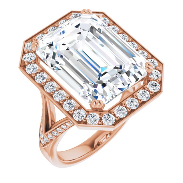 10K Rose Gold Customizable Emerald/Radiant Cut Center with Large-Accented Halo and Split Shared Prong Band