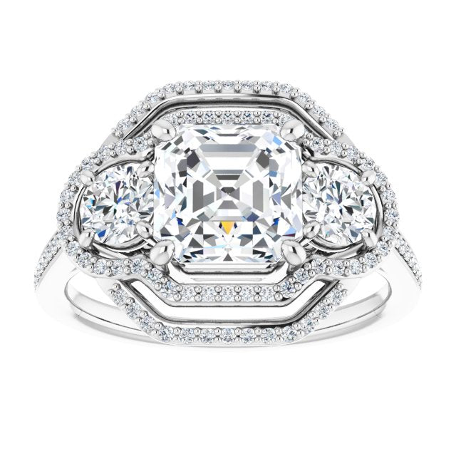 Cubic Zirconia Engagement Ring- The e'Mariana (Customizable Enhanced 3-stone Double-Halo Style with Asscher Cut Center and Thin Band)