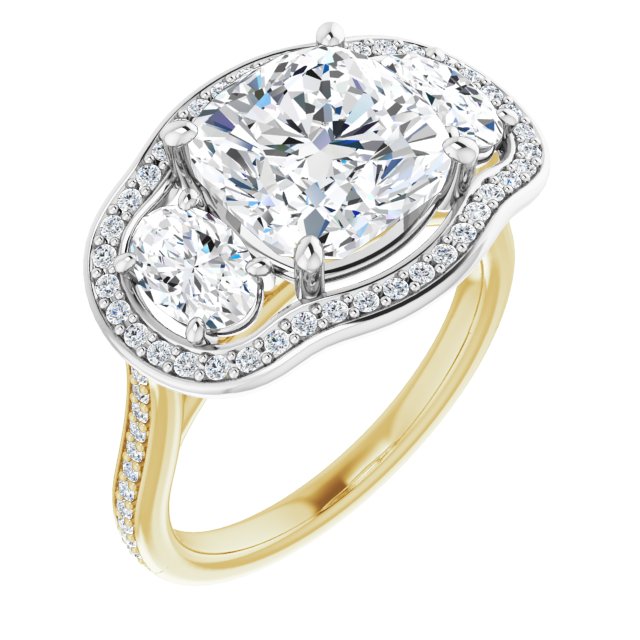 14K Yellow & White Gold Customizable Cushion Cut Style with Oval Cut Accents, 3-stone Halo & Thin Shared Prong Band