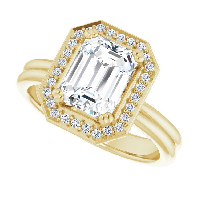 Cubic Zirconia Engagement Ring- The Jeanine Marie (Customizable Emerald Cut Style with Scooped Halo and Grooved Band)