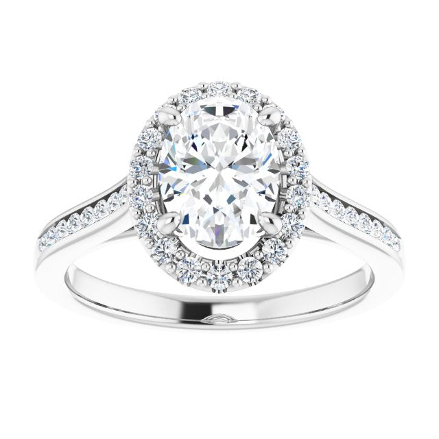 Cubic Zirconia Engagement Ring- The Star (Customizable Oval Cut Design with Halo, Round Channel Band and Floating Peekaboo Accents)