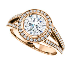 Cubic Zirconia Engagement Ring- The Kay Adaira (Customizable Bezel-set Round Cut with Halo and Split-Pavé Band)