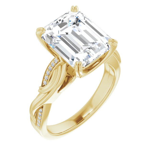 10K Yellow Gold Customizable Cathedral-raised Emerald/Radiant Cut Design featuring Rope-Braided Half-Pavé Band