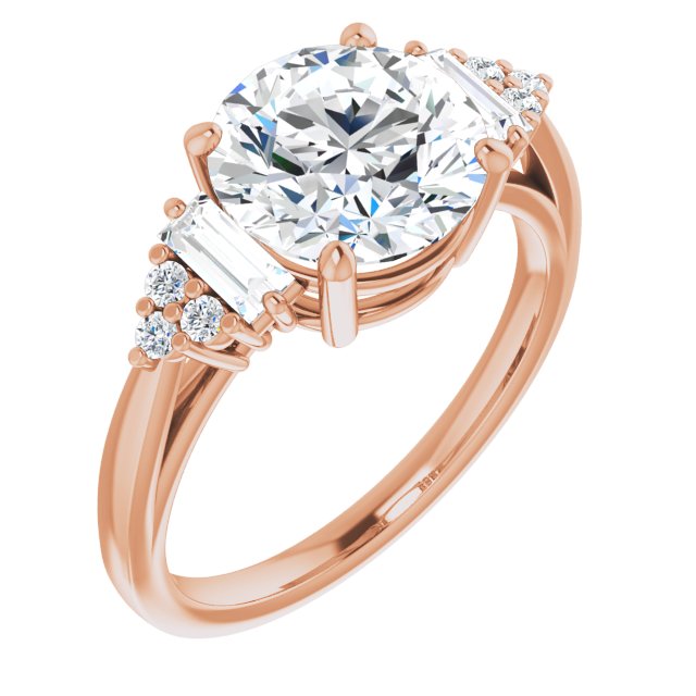 14K Rose Gold Customizable 9-stone Design with Round Cut Center, Side Baguettes and Tri-Cluster Round Accents