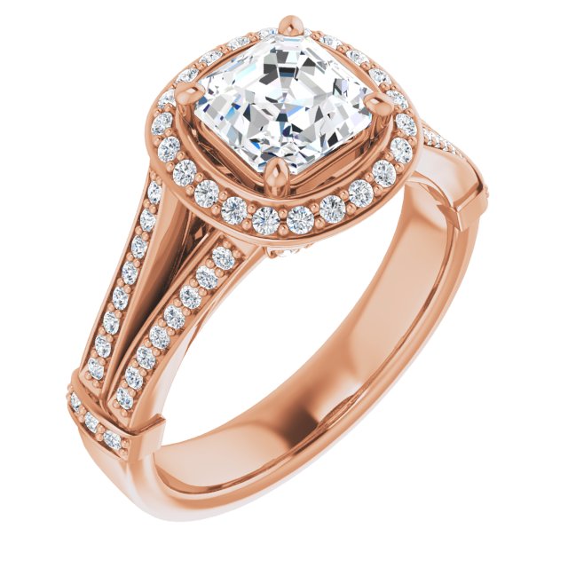 10K Rose Gold Customizable Asscher Cut Setting with Halo, Under-Halo Trellis Accents and Accented Split Band