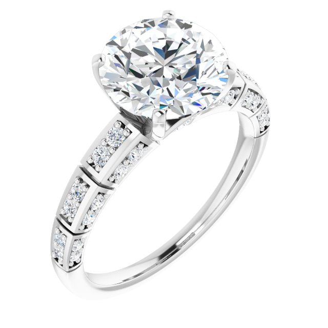 18K White Gold Customizable Round Cut Style with Three-sided, Segmented Shared Prong Band