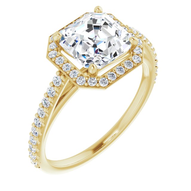 18K Yellow Gold Customizable Asscher Cut Design with Halo and Thin Pavé Band