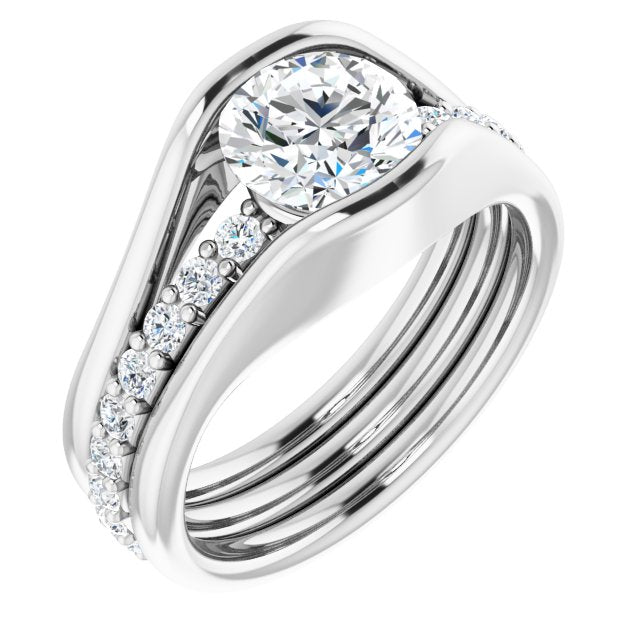 10K White Gold Customizable Bezel-set Round Cut Style with Thick Pavé Band