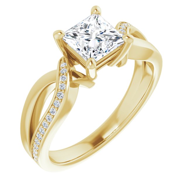 10K Yellow Gold Customizable Princess/Square Cut Center with Curving Split-Band featuring One Shared Prong Leg
