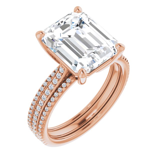 10K Rose Gold Customizable Emerald/Radiant Cut Center with Wide Pavé Accented Band
