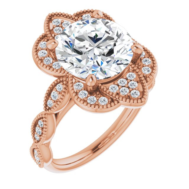 10K Rose Gold Customizable Cathedral-style Round Cut Design with Floral Segmented Halo & Milgrain+Accents Band