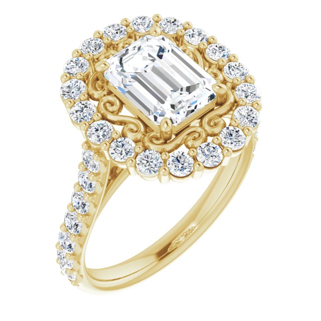 Cubic Zirconia Engagement Ring- The Flora (Customizable Emerald Cut Cathedral Style with Oversized Halo)