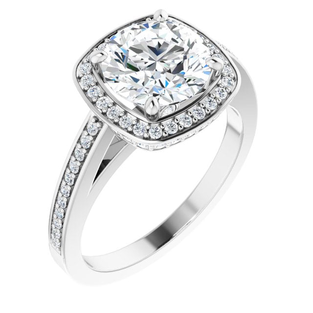 18K White Gold Customizable Cathedral-set Round Cut Design with Halo, Thin Pavé Band & Round-Bezel Peekaboos
