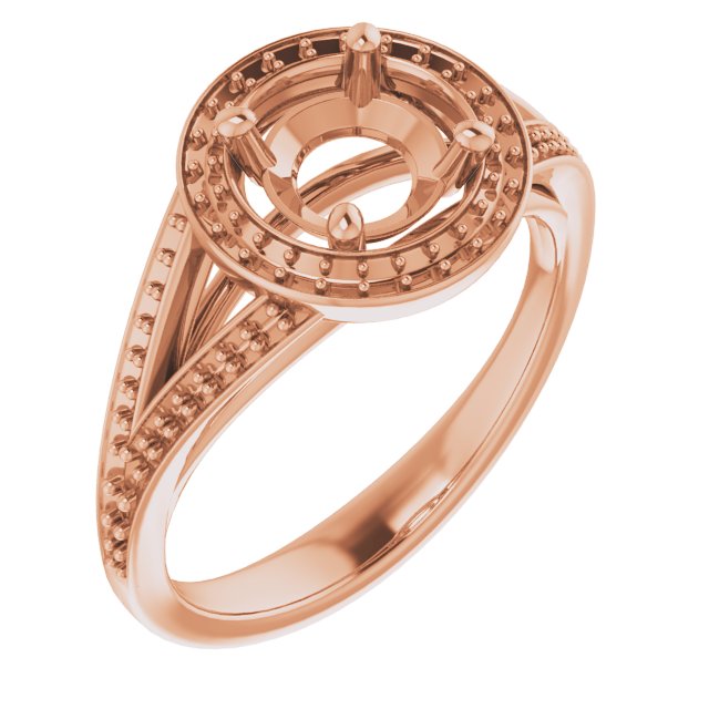 10K Rose Gold Customizable Cathedral-Halo Round Cut Style featuring Split-Shared Prong Band