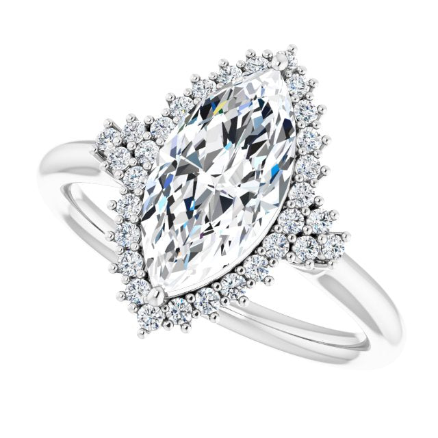 Cubic Zirconia Engagement Ring- The Winter (Customizable Marquise Cut Cathedral-Halo Design with Tri-Cluster Round Accents)