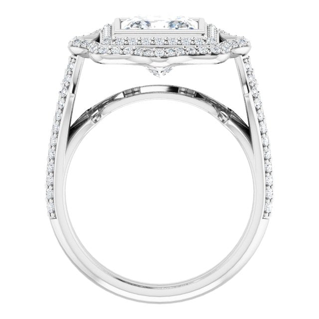 Cubic Zirconia Engagement Ring- The Arya (Customizable Princess/Square Cut Style with Ultra-wide Pavé Split-Band and Nature-Inspired Double Halo)