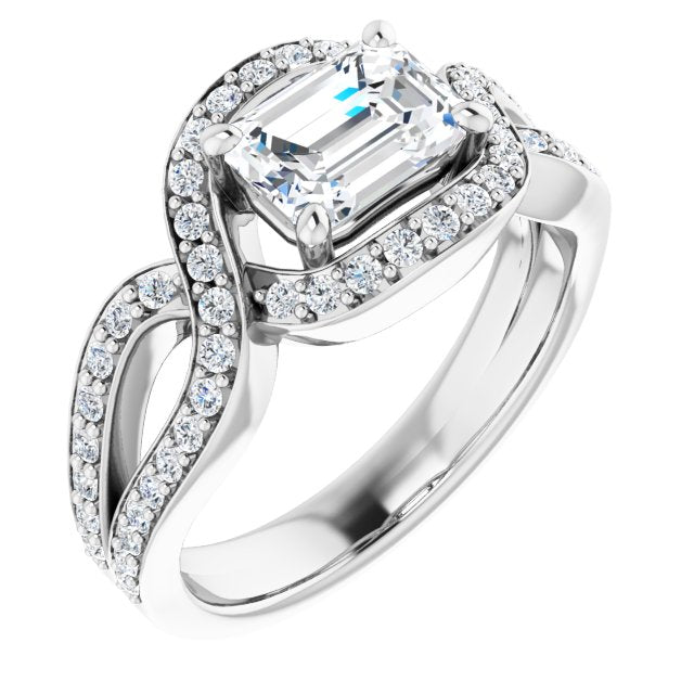 10K White Gold Customizable Emerald/Radiant Cut Center with Infinity-inspired Split Shared Prong Band and Bypass Halo