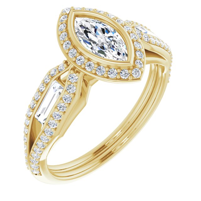 10K Yellow Gold Customizable Cathedral-Bezel Marquise Cut Design with Halo, Split-Pavé Band & Channel Baguettes