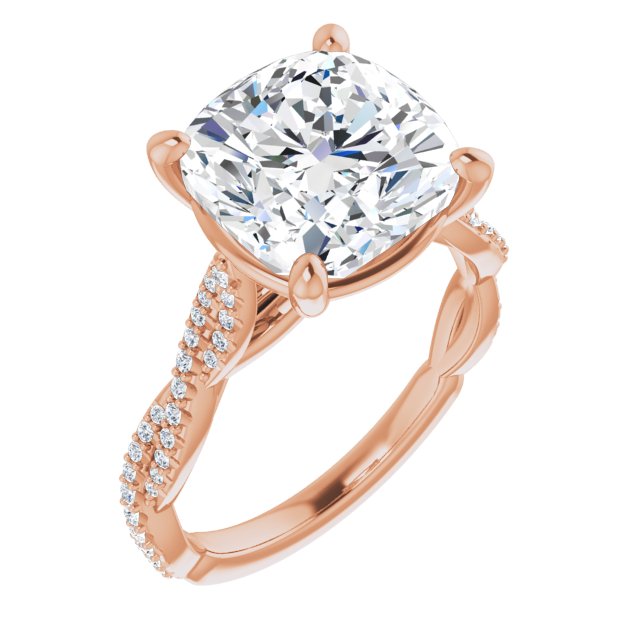 10K Rose Gold Customizable Cushion Cut Style with Thin and Twisted Micropavé Band