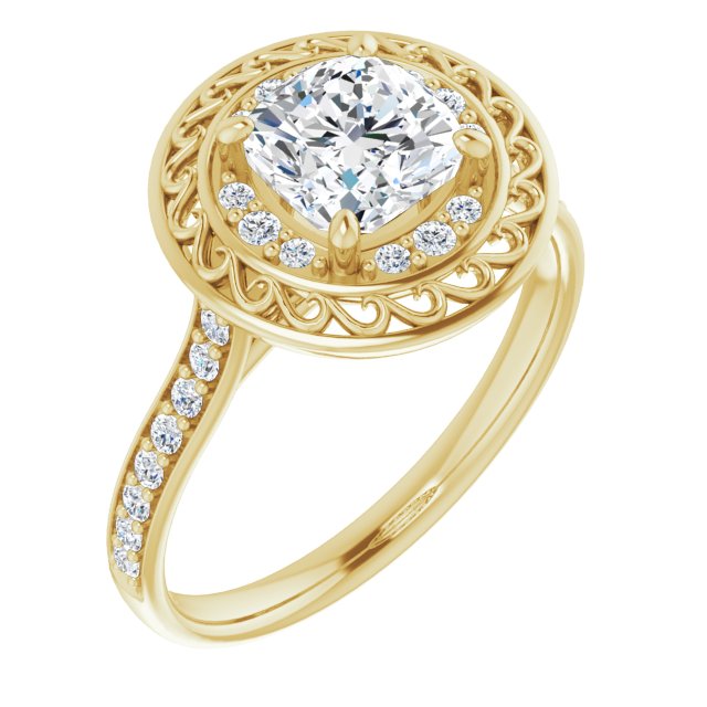10K Yellow Gold Customizable Cathedral-style Cushion Cut featuring Cluster Accented Filigree Setting & Shared Prong Band
