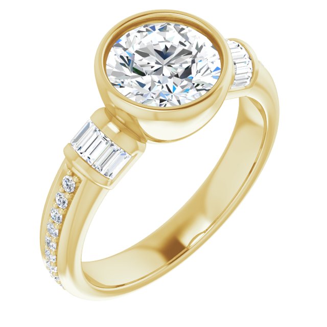 10K Yellow Gold Customizable Cathedral-Bezel Round Cut Style with Horizontal Baguettes & Shared Prong Band