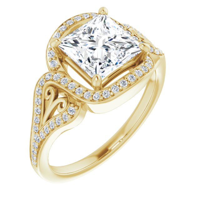 10K Yellow Gold Customizable Princess/Square Cut Design with Bypass Halo and Split-Shared Prong Band