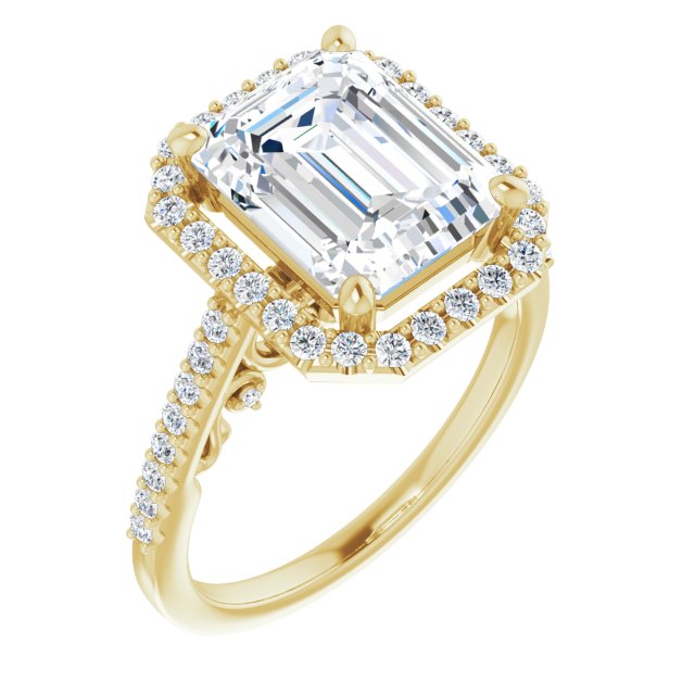 10K Yellow Gold Customizable Cathedral-Halo Emerald/Radiant Cut Design with Carved Metal Accent plus Pavé Band