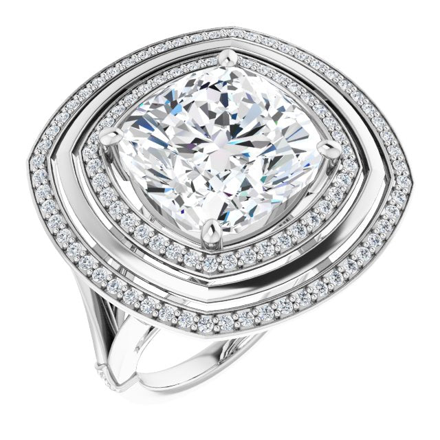 10K White Gold Customizable Cushion Cut Oversized 2x Halo Style with Knuckle Accented Split Band