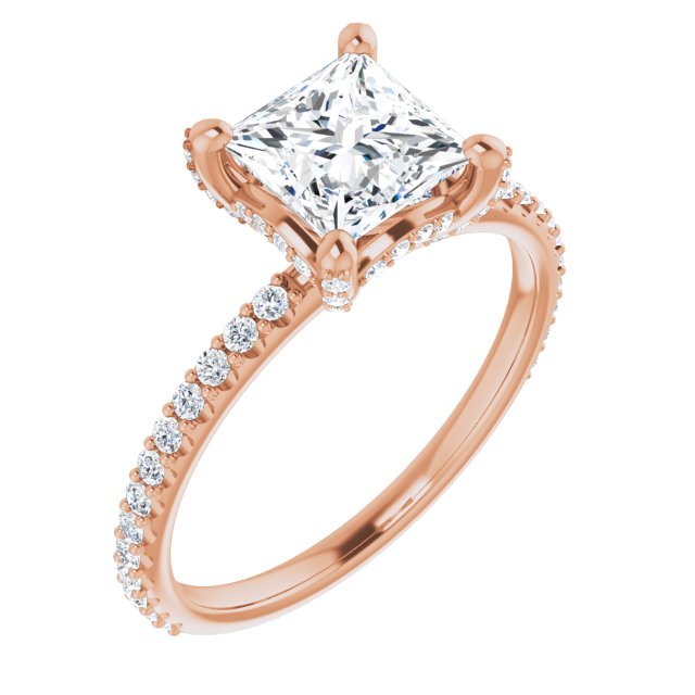 10K Rose Gold Customizable Princess/Square Cut Design with Round-Accented Band, Micropav? Under-Halo and Decorative Prong Accents)