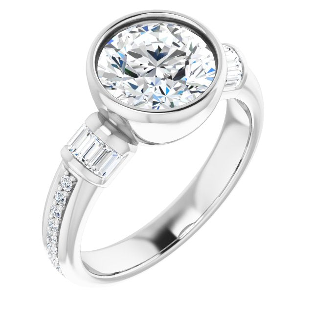 14K White Gold Customizable Cathedral-Bezel Round Cut Style with Horizontal Baguettes & Shared Prong Band