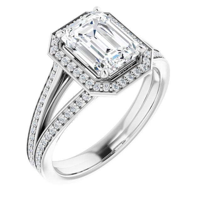 Cubic Zirconia Engagement Ring- The Carrie (Customizable Radiant Cut Design with Split-Band Shared Prong & Halo)