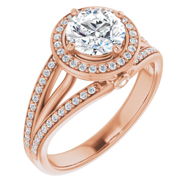 10K Rose Gold Customizable High-set Round Cut Design with Halo, Wide Tri-Split Shared Prong Band and Round Bezel Peekaboo Accents