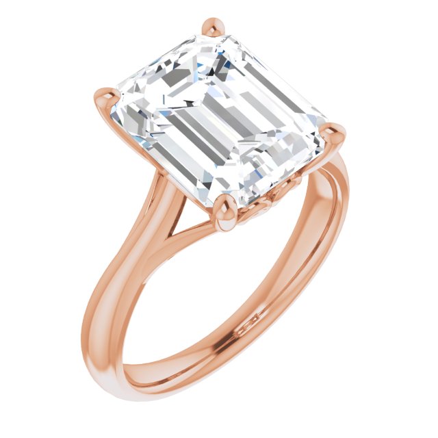 10K Rose Gold Customizable Emerald/Radiant Cut Solitaire with Decorative Prongs & Tapered Band