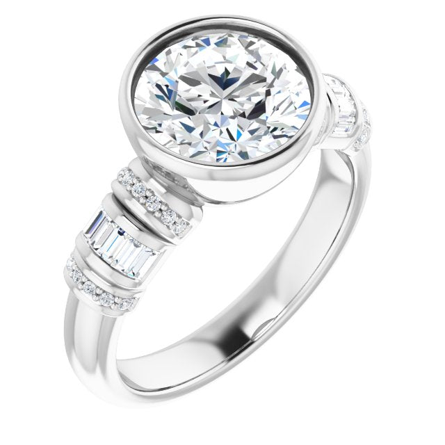 14K White Gold Customizable Bezel-set Round Cut Setting with Wide Sleeve-Accented Band