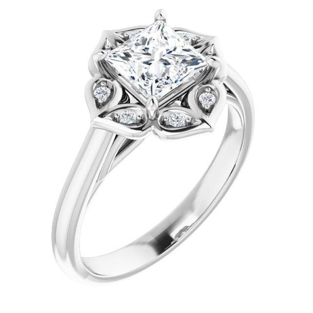 10K White Gold Customizable Cathedral-raised Princess/Square Cut Design with Star Halo & Round-Bezel Peekaboo Accents